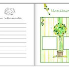 Links: "Unsere Familien-Wunschliste:" mit Nummern 1-10. Rechts: "Wunschbaum" mit einem blühenden Baum und Verzierungen.