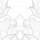 Ein symmetrisches Schwarz-Weiß-Mandala zeigt zwei Schnecken auf großen, welligen Pilzen, umgeben von Gräsern und Blättern.