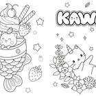 Text: "Kawaii" in verspieltem Stil. Links ein dekoriertes Fisch-Eis mit Katzengesicht, rechts eine Einhornkatze mit Blumen und Mond.