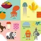 Links oben ein "O" mit Obst, Orange, Oktopus. Rechts oben ein "Q" mit Quarz, Qualle, Quadrat. Links unten ein "P" mit Pferd, Pilz, Paket, Panda. Rechts unten ein "R" mit Regen, Rakete, Rose, Roboter, Ritter. Bunte Illustrationen.