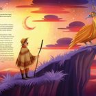 Der Text beschreibt den Allicanto, einen außergewöhnlichen Vogel in Südamerika. Eine Illustration zeigt eine Szene mit einem Mann, der einen Stock hält und den Vogel auf einem Felsen betrachtet. Der Himmel ist farbenfroh mit Sternen und einem Mond.