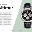 Aufschrift: "04. Breitling Navitimer". Rechts Uhr mit schwarzem Zifferblatt und silbernen Details. Text links erläutert Geschichte.