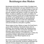 Text: 14 Beziehungen ohne Masken. Der Text beschreibt, wie Beziehungen unser Leben prägen und die Rolle von Masken.