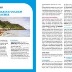 "SANTA MARIA'S GOLDEN SAND BEACHES" in großen blauen Buchstaben oben. Unten ist ein Strand mit grünen Hügeln.