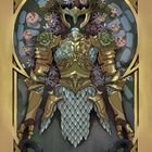 "Ten of Toadstools" steht unten. Ein Ritter in dekorativer Rüstung, umgeben von Pilzen und Blumen, dominiert die Szene.