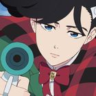 Eine Illustration zeigt eine Person mit Hörnern, blauem Augen und einer Pistole, die einen karierten Mantel und eine rote Schleife trägt.