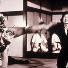 Ein Kickbox-Kampf in traditioneller Kleidung, mit starken, dynamischen Bewegungen in einem Dojo.