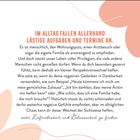 Oberer Text: "IM ALLTAG FALLEN ALLERHAND LÄSTIGE AUFGABEN UND TERMINE AN." Unten florale, dekorative Elemente in Rosa.