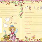 Ein Kinderbuch-Eintrag mit Linien zum Ausfüllen von Namen, Geburtstag und Vorlieben, umrahmt von verspielten Illustrationen.