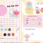 Eine verspielte Seite mit Überschriften: "Das bin ich!", "Am tollsten finde ich:", "Das mache ich gern:", "Mein größter Traum:". Enthält leere Felder zum Ausfüllen und bunte Illustrationen mit Tieren und Objekten.