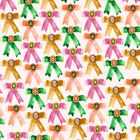 Illustration aus bunten Schleifen mit Blumen in der Mitte, in Reihen angeordnet.