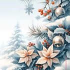 Schneebedeckte Tannenzweige mit hellen Blüten, roten Beeren und silbernen Glocken vor verschneiten Bäumen im Hintergrund.