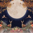„Harvest Moon“, Ernte, Fülle, Dankbarkeit, Balance & Harmonie. Illustration mit Vollmond, Rehen und Herbstlaub.