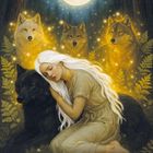 "Wolf & Fern. Leadership • Intuition • Instinct." Frau mit Wölfen im Wald, unter einem leuchtenden Mond.