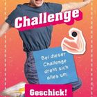 Challenge: "Bei dieser Challenge dreht sich alles um Geschick!" Frau springt fröhlich, mit buntem Hintergrund und Flex-Icon.