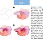FISCH. GUT ZU WISSEN: Anleitung zum Malen eines Fisches in vier Schritten mit Orange, Rosa und Violett.