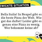 "Verzwickte Situation" steht oben. Text: Neapel, beste Pizza, eine fehlt, wer bekommt keine? Unten Theatermasken, Hintergrund bunt.