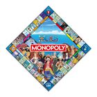 Texte: "MONOPOLY", "ONE PIECE", "Gefängnis", "Parken", "Los", "Ereignis", "Gemeinschaft". Anime-Charaktere um das Spielfeld.