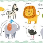 „On safari. It's an animal adventure!“ Illustration von Tieren: Giraffe, Zebra, Löwe, Krokodil, Elefant, Strauß, Nilpferd.