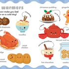 Texte: "Winter warmers", "Some foods can make you feel cosy – even on a cold day!". Illustration mit einem Fuchs und warmen Speisen.