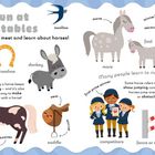 "Down at the stables", "A farm is a great place...", "stallion", "mare", "donkey", "foal". Illustration von Tieren und Menschen auf einem Hof.