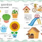 „In the garden. Is it time to go outside?“ Illustration eines Gartens mit Spielplatz, Pflanzen und Tieren.