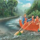 Text: "Let's go to the Great Gathering Place..."  
Illustration: Vier Personen in einem roten Kanu auf einem Fluss.