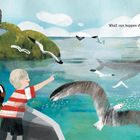 Text: „What can happen during one whale's breath?“ Drei Kinder schauen von einem Boot auf einen Wal und fliegende Möwen.