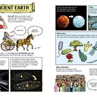 "Ancient Earth. Our home, Planet Earth, is old. Extremely old!" Ein Mann fragt, wie alt die Erde ist. Illustrationen von Dinosauriern.