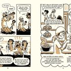 Zwei Personen sprechen über abgestorbene Erde und Kompostieren. Eine Person erklärt, welche Abfälle nutzbar sind. Comic-Illustration.