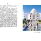 Der Text beschreibt die majestätische Schönheit des Taj Mahal in Agra. Darunter ein Foto des weißen Bauwerks.