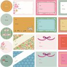 Runde und rechteckige Karten mit "To:" und "From:" in verschiedenen Pastellfarben und Mustern wie Blumen und Bändern.