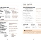 Zweisprachige Tabelle zu "Plane", "Bus & Coach", "Train & Metro" mit englischen Fragen und griechischen Übersetzungen.