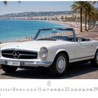 Mercedes 280 SL Cabrio an einer Küstenstraße. Kalenderseite mit palmengesäumtem Strand und Stadt im Hintergrund.