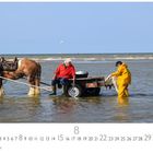 Krabbenfischer, Kalenderseite August: Ein Pferd steht im Meer, ein Mann sitzt auf einem Wagen und ein anderer zieht ein Netz.