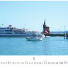 Text: "Konstanz", "8", Zahlen von 1 bis 31. 

Ein Dampfschiff und eine Statue im Wasser, blauer Himmel.