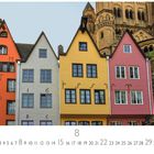 Zahl "8", darunter Kalenderdaten, "Altstadt", bunte Häuser mit spitzen Giebeln vor einer großen Kirche.