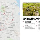 CENTRAL ENGLAND. Nummerierte Touren beschreiben Sehenswürdigkeiten. Links eine Karte, rechts ein Foto einer grünen Landschaft.