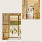 Logo „Social housing, 97 Carrer Regal, Palma de Mallorca 223“. Zwei helle Innenansichten mit Natursteinwänden und Sitzgelegenheiten.