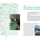 "Tour 6: Der Torrente Cornappo und die Welt der vernetzten Kanäle", beschreibt Strecke, Stationen, Sehenswürdigkeiten, Wandern. Links Karte mit Flusslauf und roten Pfeilen, rechts Bild von Fluss.