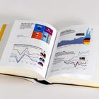 Das Bild zeigt ein aufgeschlagenes Buch mit Diagrammen und Texten über wirtschaftliche Themen und Wachstumsstatistiken.