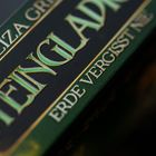 Text: "LIZA G", "STEINGLAD", "ERDE VERGISST NIE". Nahaufnahme eines dunkelgrünen Buchrückens mit goldener Schrift.