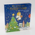 "Wir warten aufs Christkind: Mitmachen, Schieben und Staunen". Illustration eines Engels mit Geschenk und Tannenbaum.