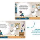 Text über Burg Eulenstein und ein kleines Gespenst, Illustration mit einem Geist, Möbeln und einem Spiegel.