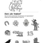„Glück oder Unglück?“ steht in auffälliger Schrift. Illustrationen: Glücksbringer und Unglücksboten, wie Hufeisen, Kleeblatt.