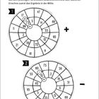 Zahlentorte: Ergänze Zahlen durch Rechnen in Tortensegmenten. Zwei Diagramme mit "+" und "-", nummeriert mit "1" und "2".