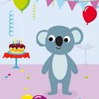 Illustration: Ein Koala steht in einem geschmückten Raum mit Luftballons, Girlanden und einem Geburtstagskuchen auf einem Tisch.