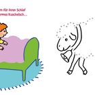 "Mo hätt so gern für ihren Schlaf ein weiches, warmes Kuschelsch..." Illustration: Kind im Bett, gepunktete Schafslinie.