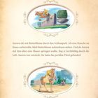 "O: Aurora reitet mit Butterblume durch den Schlosspark. Zwei Illustrationen: Aurora springt über eine Mauer, reitet im Park."