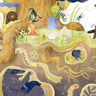 „Kommt, wir bauen eine Norbert-Schleuder!“. Illustration eines belebten Baumes mit Tieren und Insekten über und unter der Erde.